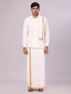 Mens Cotton White Wedding Shirt, Flexi Dhoti & Nerial Combo - Cistus
