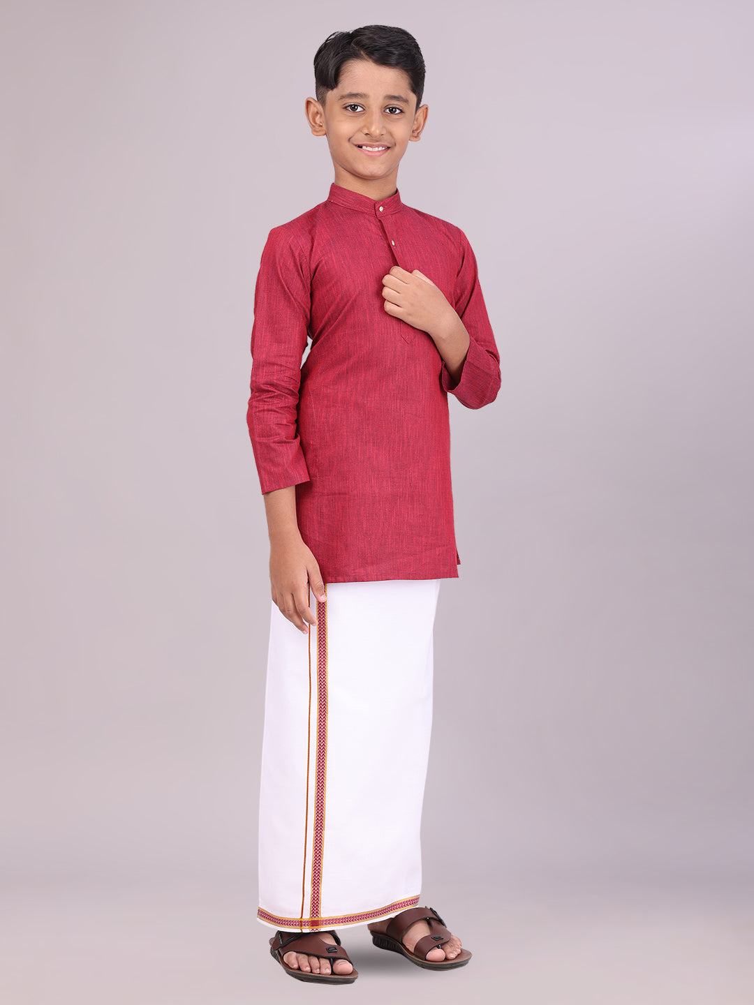 Boys Cotton Maroon Kurta with Matching Border Dhoti Combo side pose