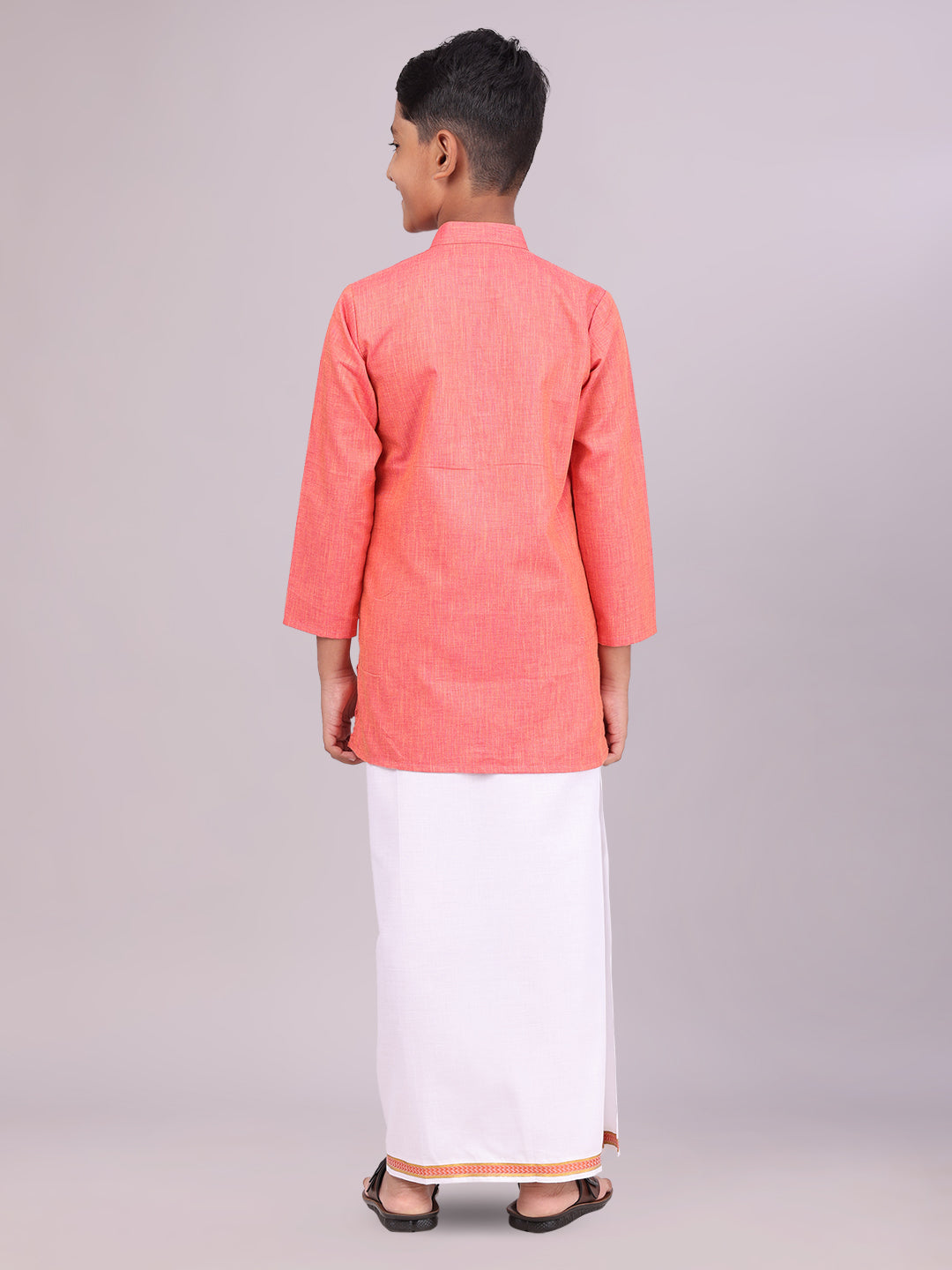 Boys Cotton Brick Kurta with Matching Border Dhoti Combo back pose