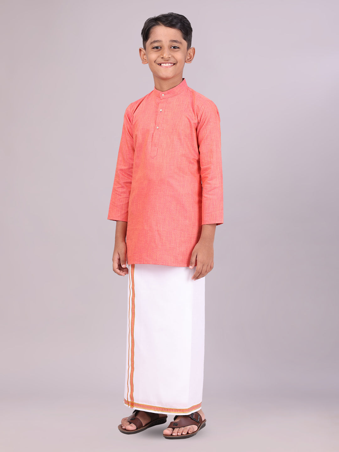 Boys Cotton Brick Kurta with Matching Border Dhoti Combo side pose