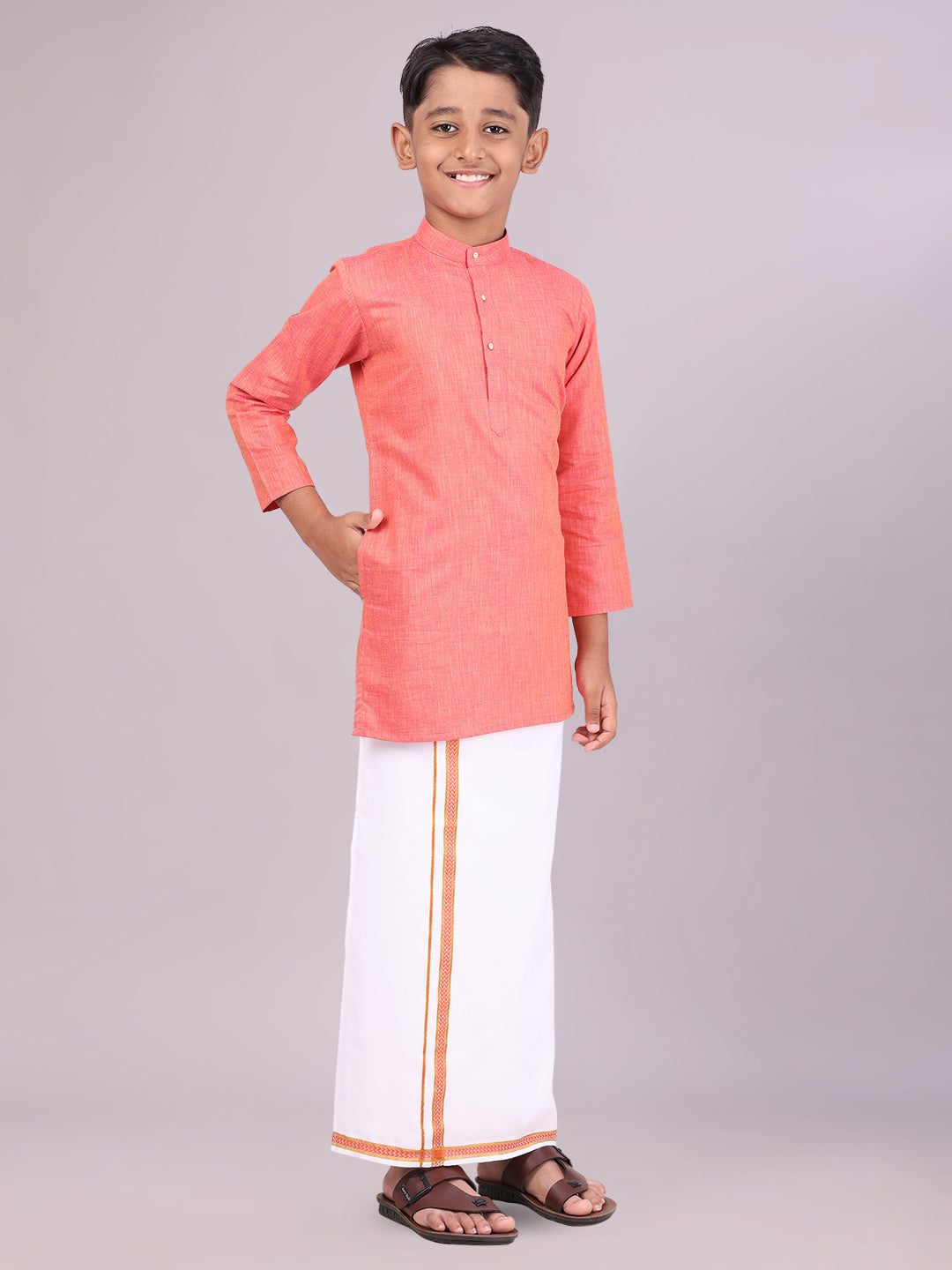 Boys Cotton Brick Kurta with Matching Border Dhoti Combo front pose