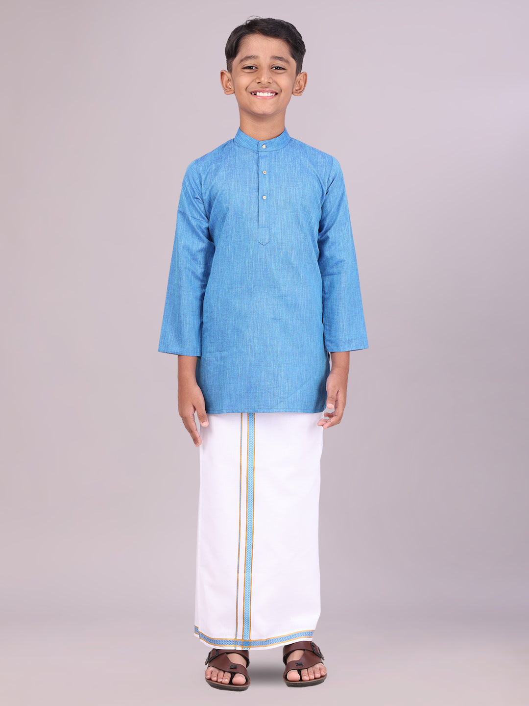 Boys Cotton Blue Kurta with Matching Border Dhoti Combo
