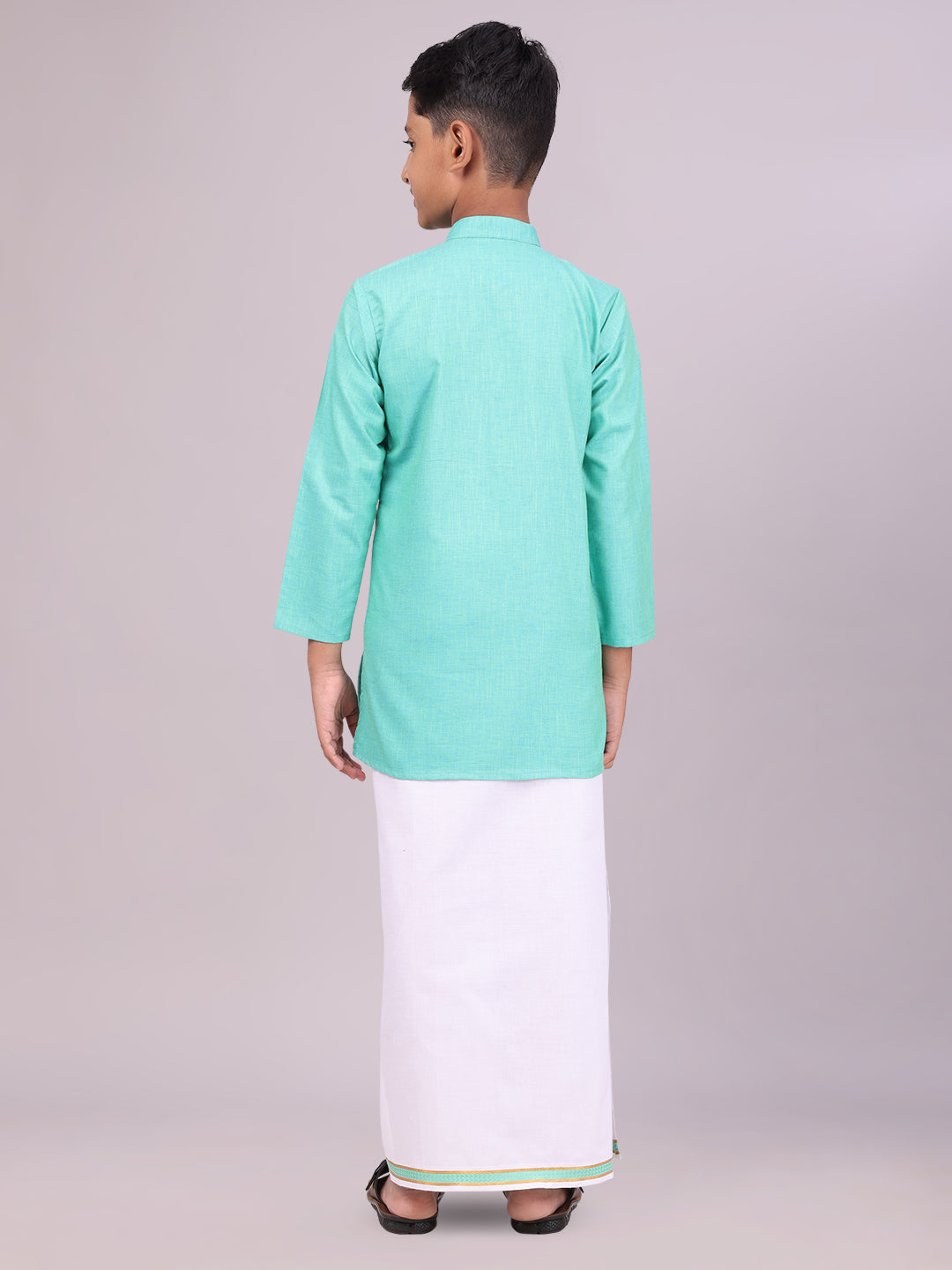 Boys Cotton Mint Blue Kurta with Matching Border Dhoti Combo back pose