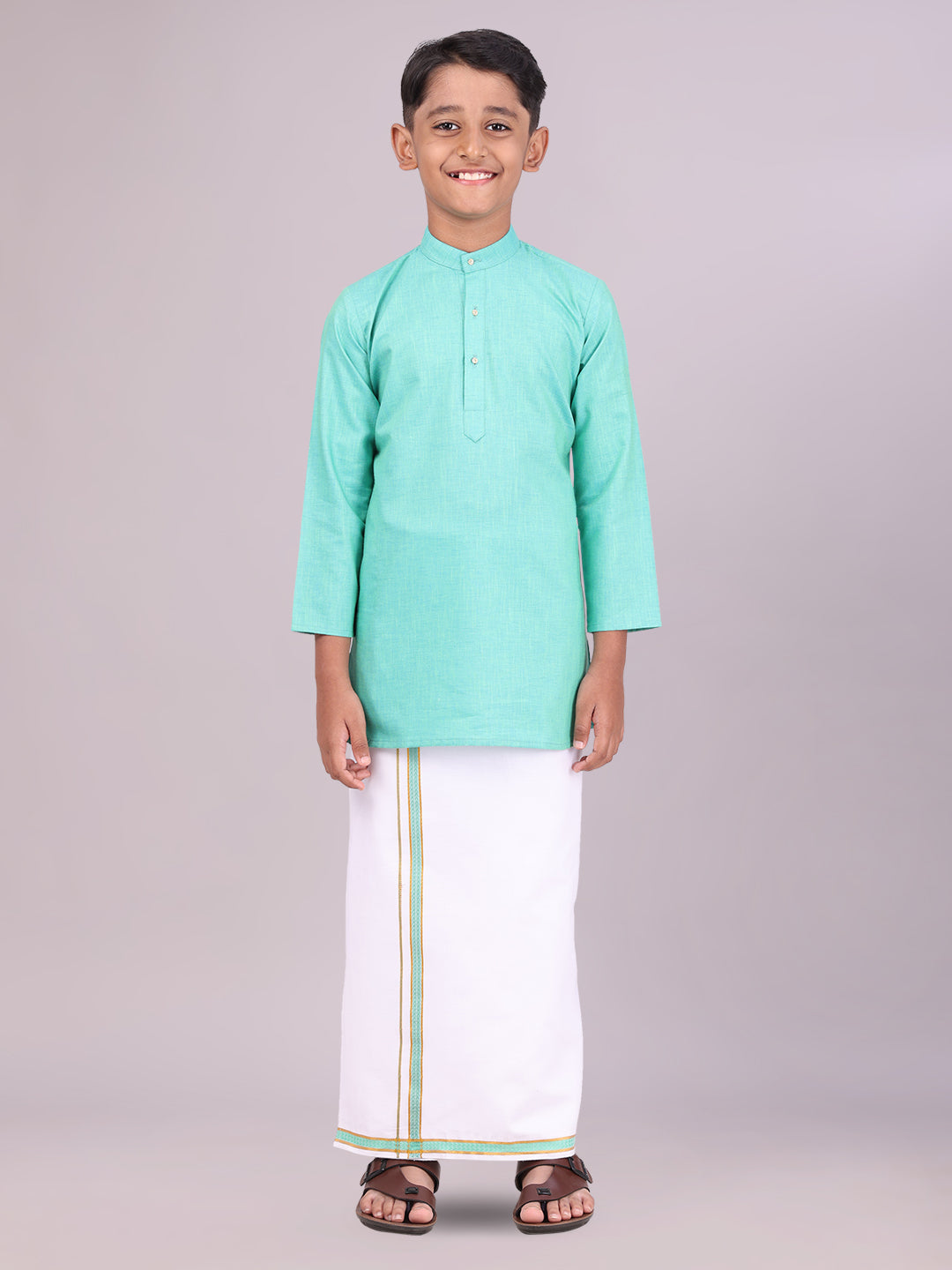 Boys Cotton Mint Blue Kurta with Matching Border Dhoti Combo