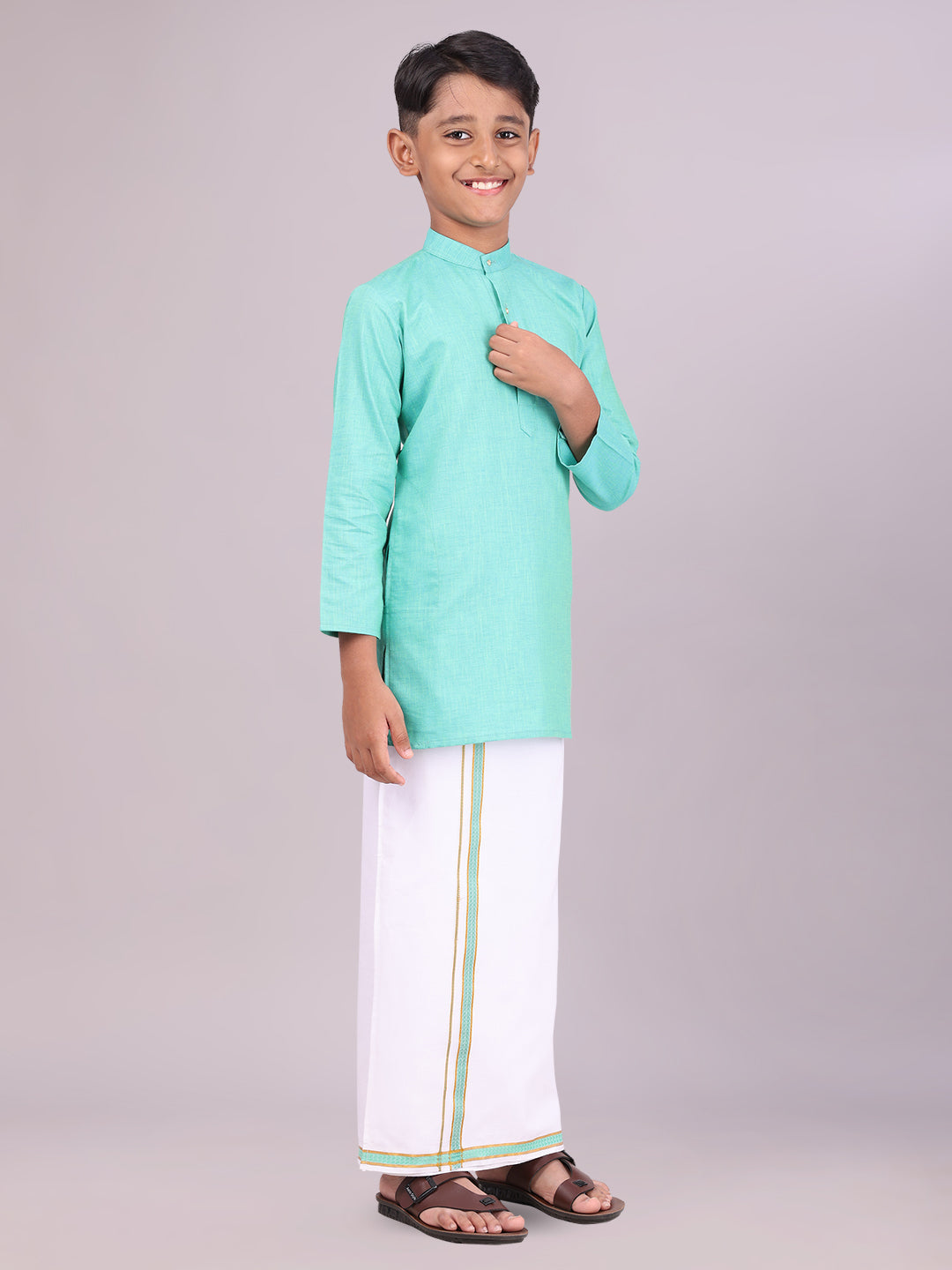 Boys Cotton Mint Blue Kurta with Matching Border Dhoti Combo side pose