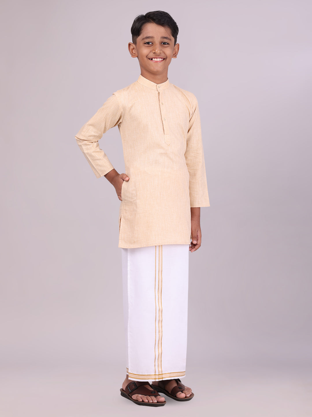 Boys Cotton Sandal Kurta with Matching Border Dhoti Combo side pose