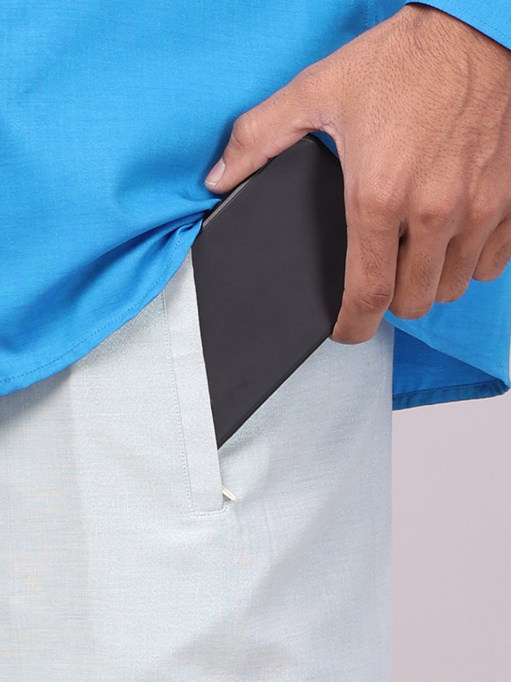 Men's Cotton Blue Shirt with Tissue Matching Border Flexi Dhoti Wedding Combo Kandala