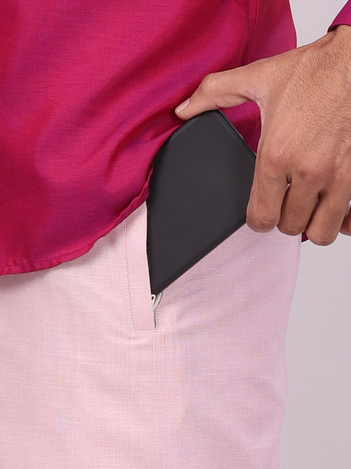 Men's Cotton Magenta Shirt with Tissue Matching Border Flexi Dhoti Wedding Combo Kandala