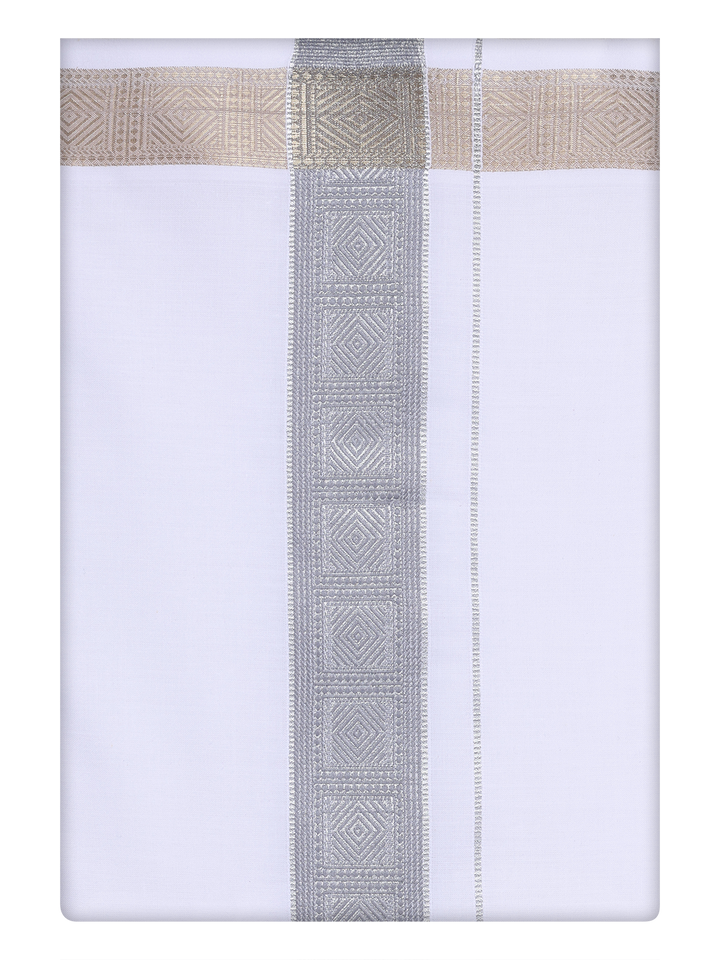 Mens White Dhoti with jacquard Weave Light Grey Border