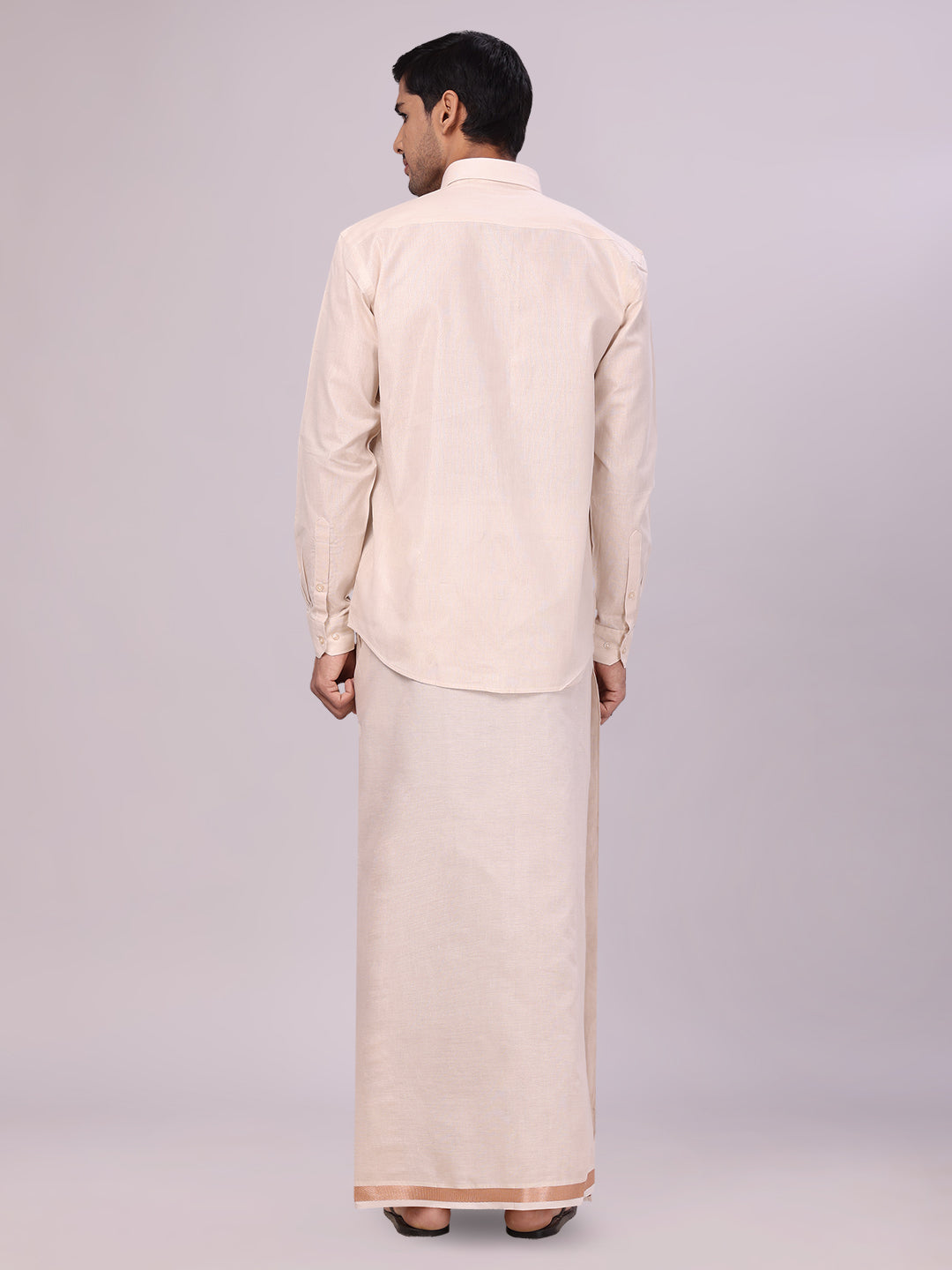 Men's Light Copper Color Tissue Shirt with Jari Dhoti Combo back pose