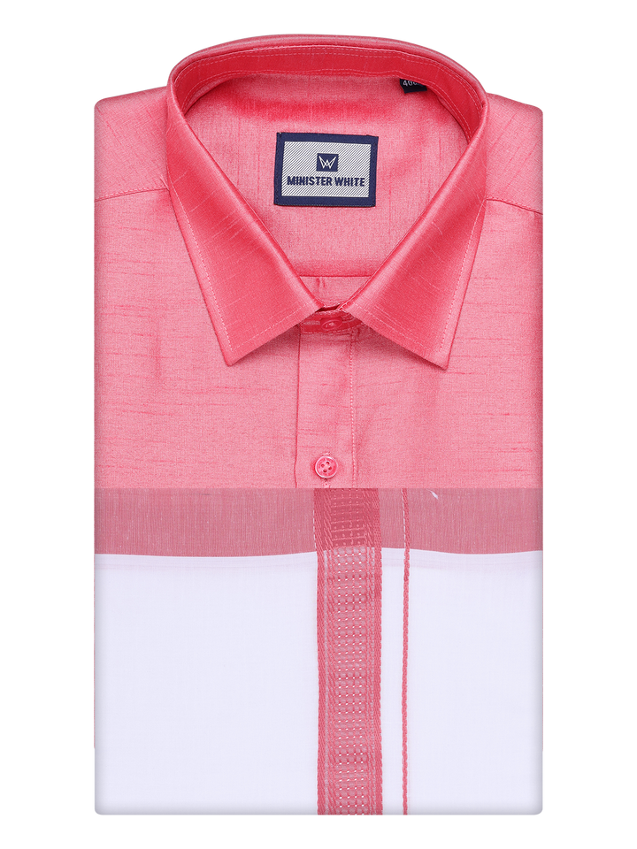 Mens Coral Pink Dupion Satin Shirt with Matching Border Dhoti Combo Gora by Minister White