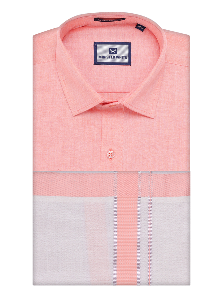 Mens Cotton Peach Shirt with Tissue Matching Border Dhoti Wedding Combo Kandala by Minister White