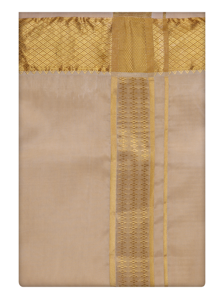 Mens Art Silk Medium Gold Color Dhoti with 3" Jari Border by Minister White