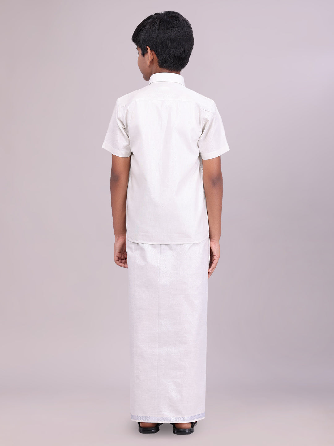 Kids Silver Color Tissue Shirt with Jari Dhoti Combo back pose