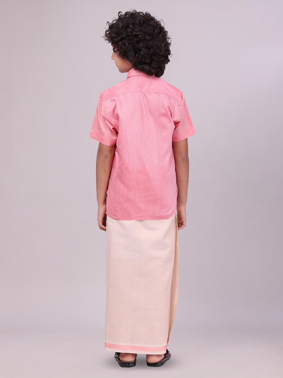 Father & Son Pink Colour Cotton Shirt with Matching Border Tissue Dhoti Combo