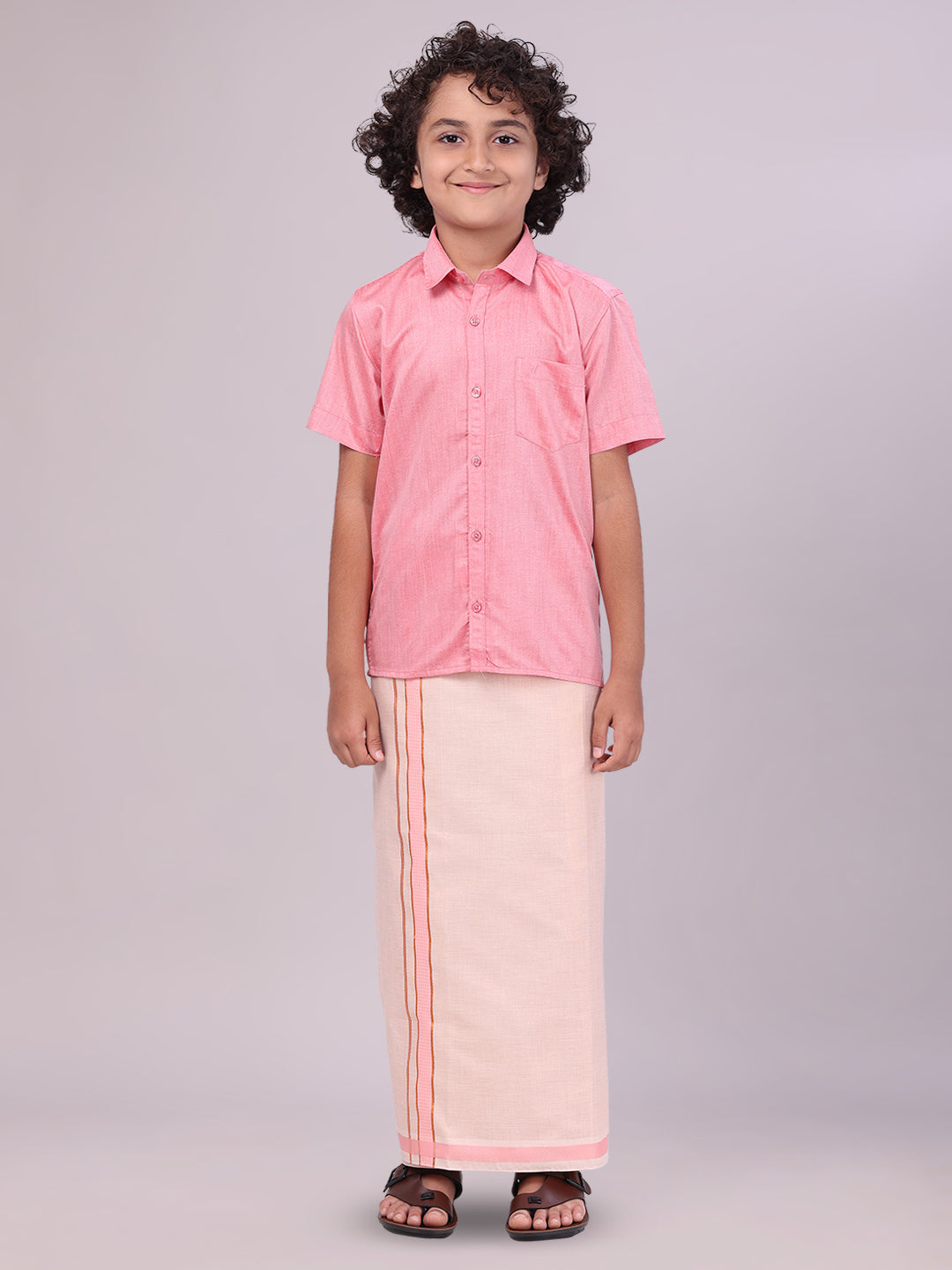 Kids Cotton Pink Shirt with Tissue Matching Border Dhoti Combo