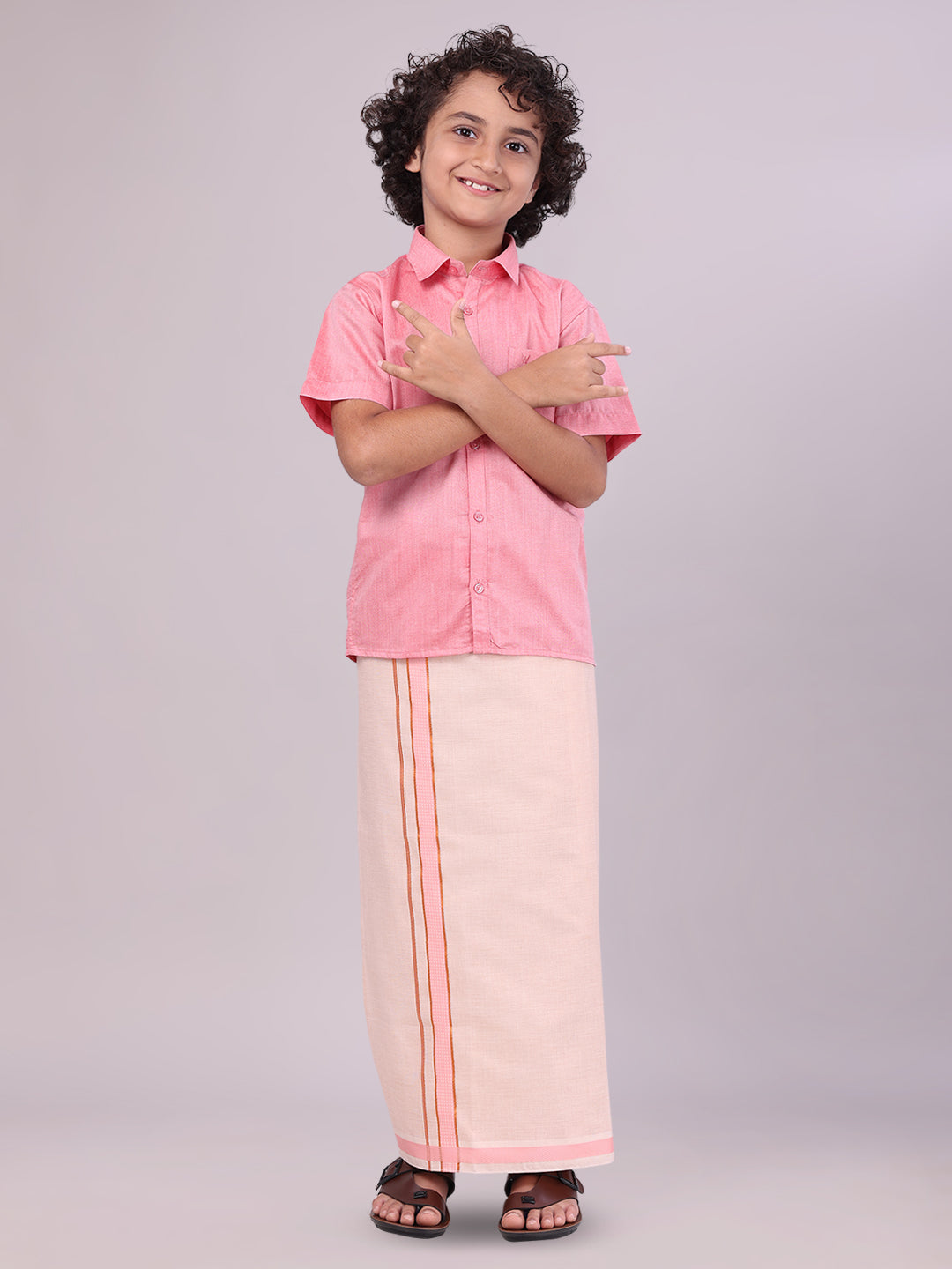 Father & Son Pink Colour Cotton Shirt with Matching Border Tissue Dhoti Combo