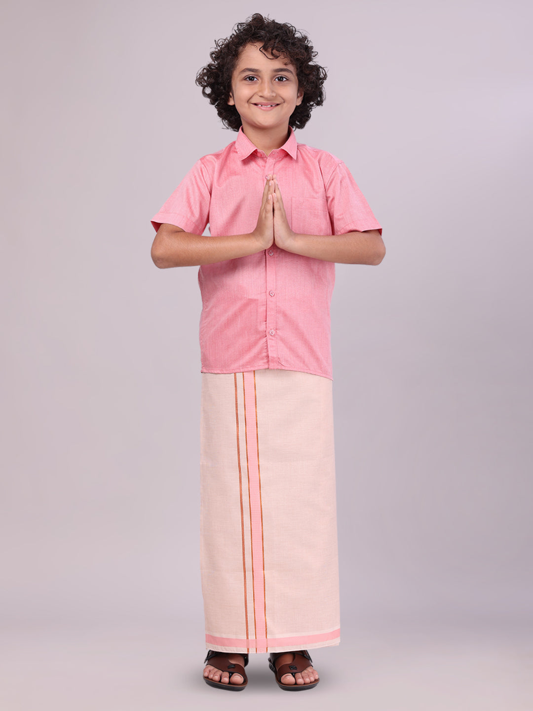 Father & Son Pink Colour Cotton Shirt with Matching Border Tissue Dhoti Combo