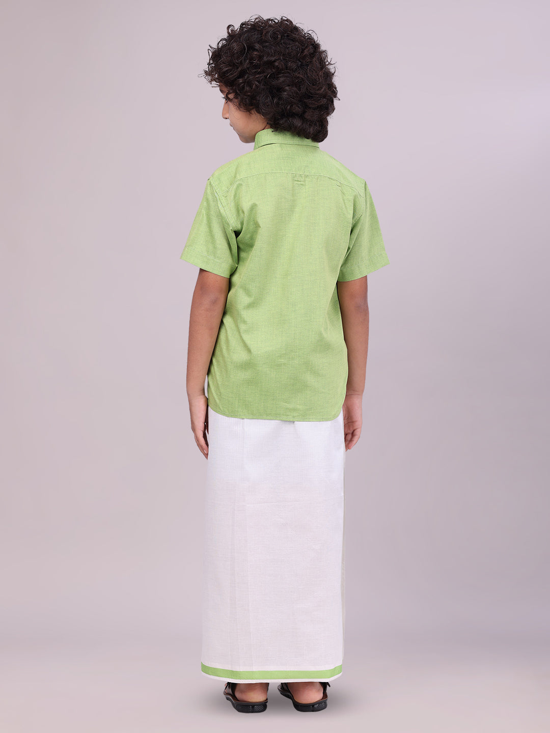 Kids Light Green Color Cotton Shirt with Matching Border Tissue Dhoti Combo back pose