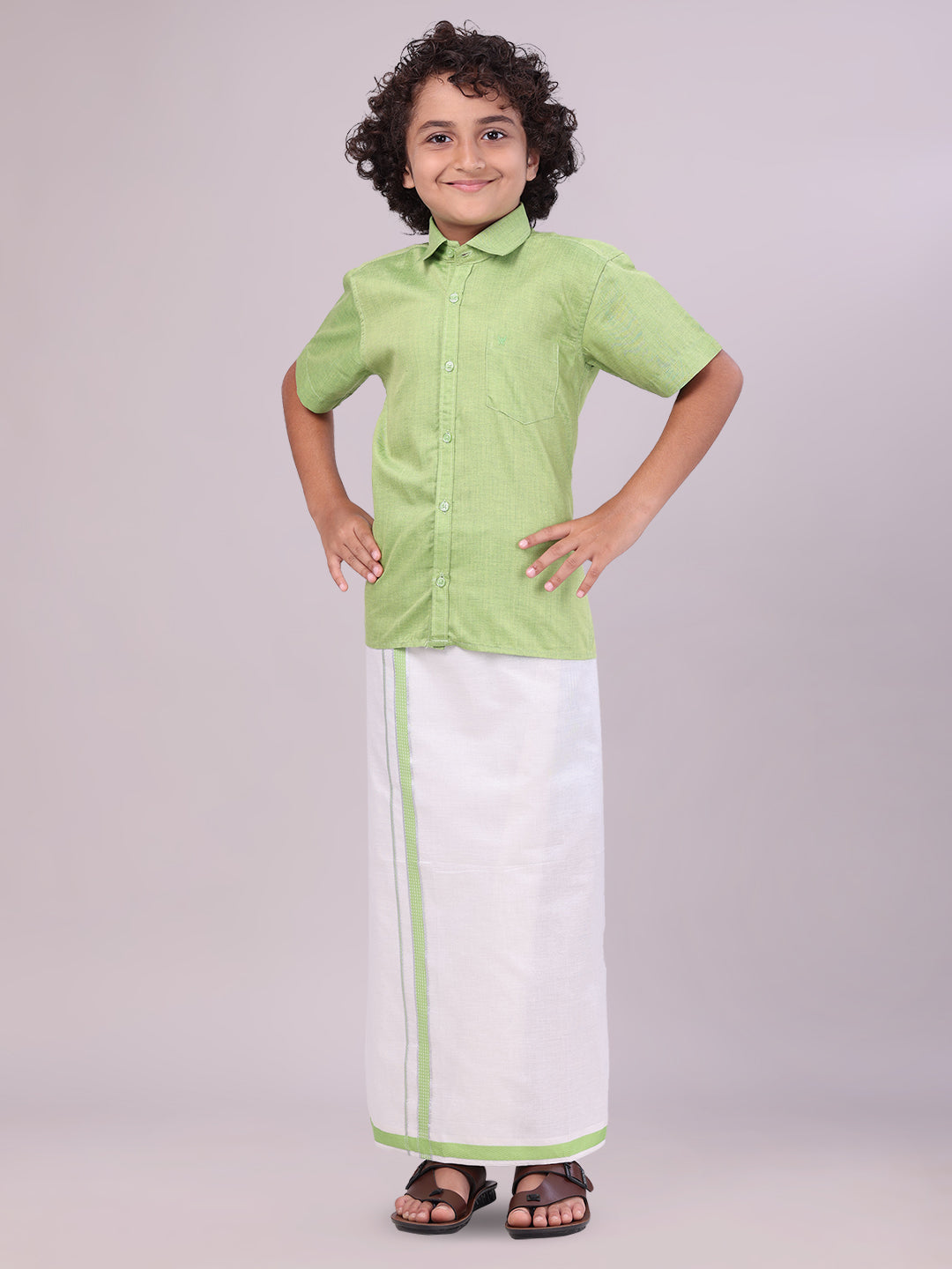 Kids Light Green Color Cotton Shirt with Matching Border Tissue Dhoti Combo side pose