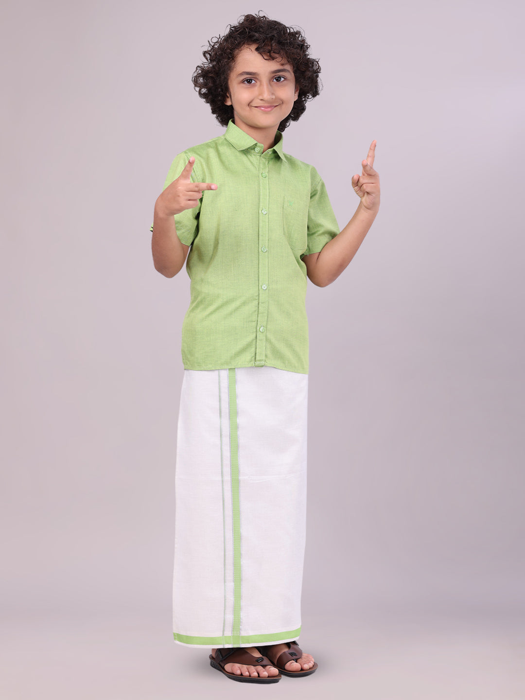 Kids Light Green Color Cotton Shirt with Matching Border Tissue Dhoti Combo