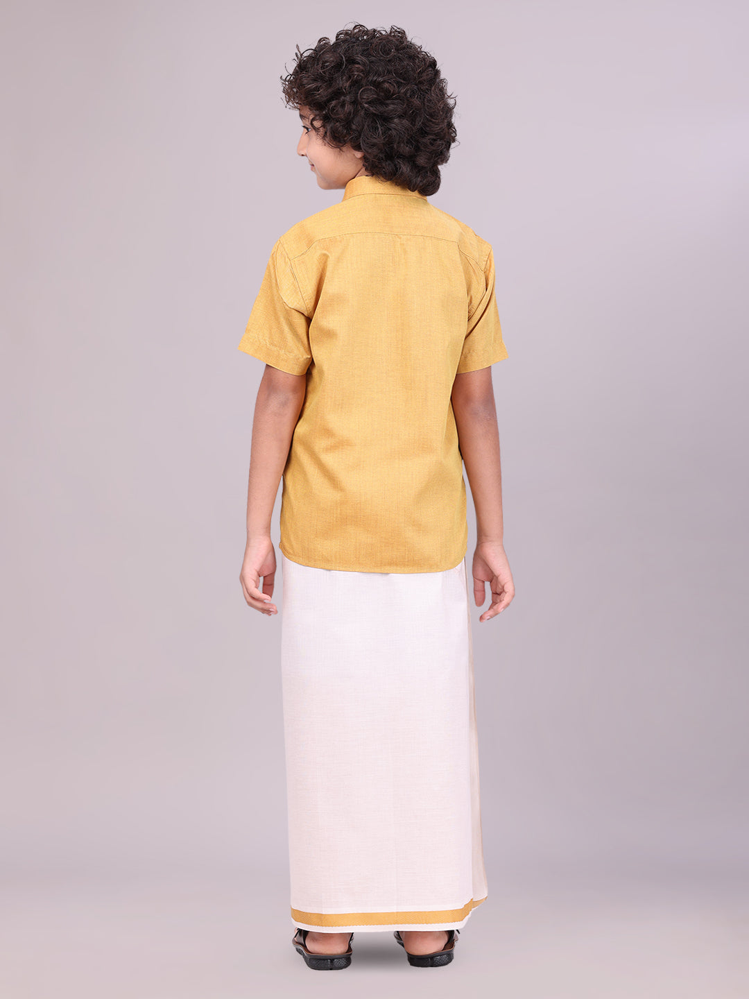 Kids Mustard Color Cotton Shirt with Matching Border Tissue Dhoti Combo back pose