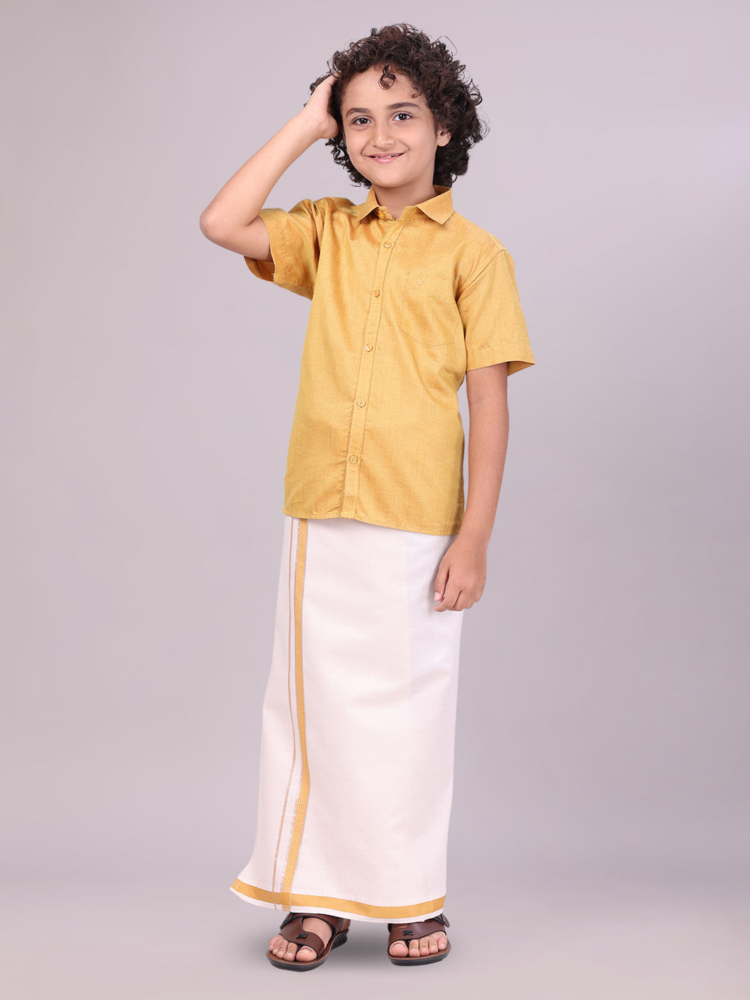Kids Mustard Color Cotton Shirt with Matching Border Tissue Dhoti Combo side pose