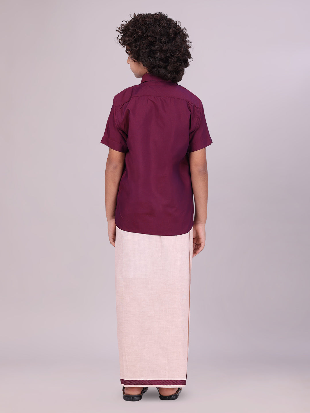 Kids Maroon Color Cotton Shirt & Matching Border Tissue Dhoti Combo back pose