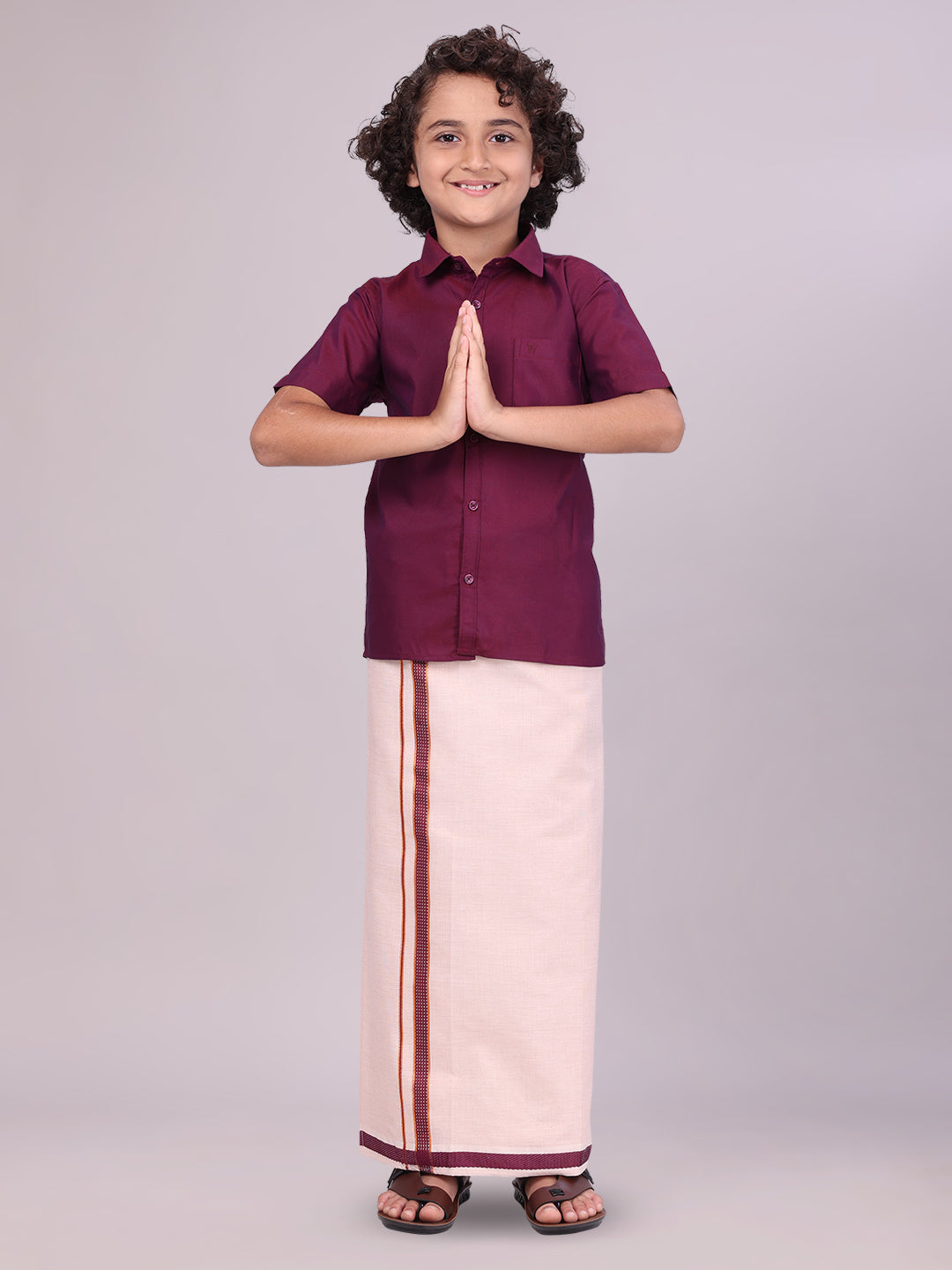 Kids Maroon Color Cotton Shirt & Matching Border Tissue Dhoti Combo front pose