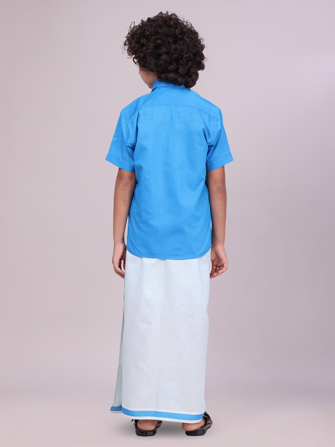 Kids Blue Color Cotton Shirt with Matching Border Tissue Dhoti Combo back pose
