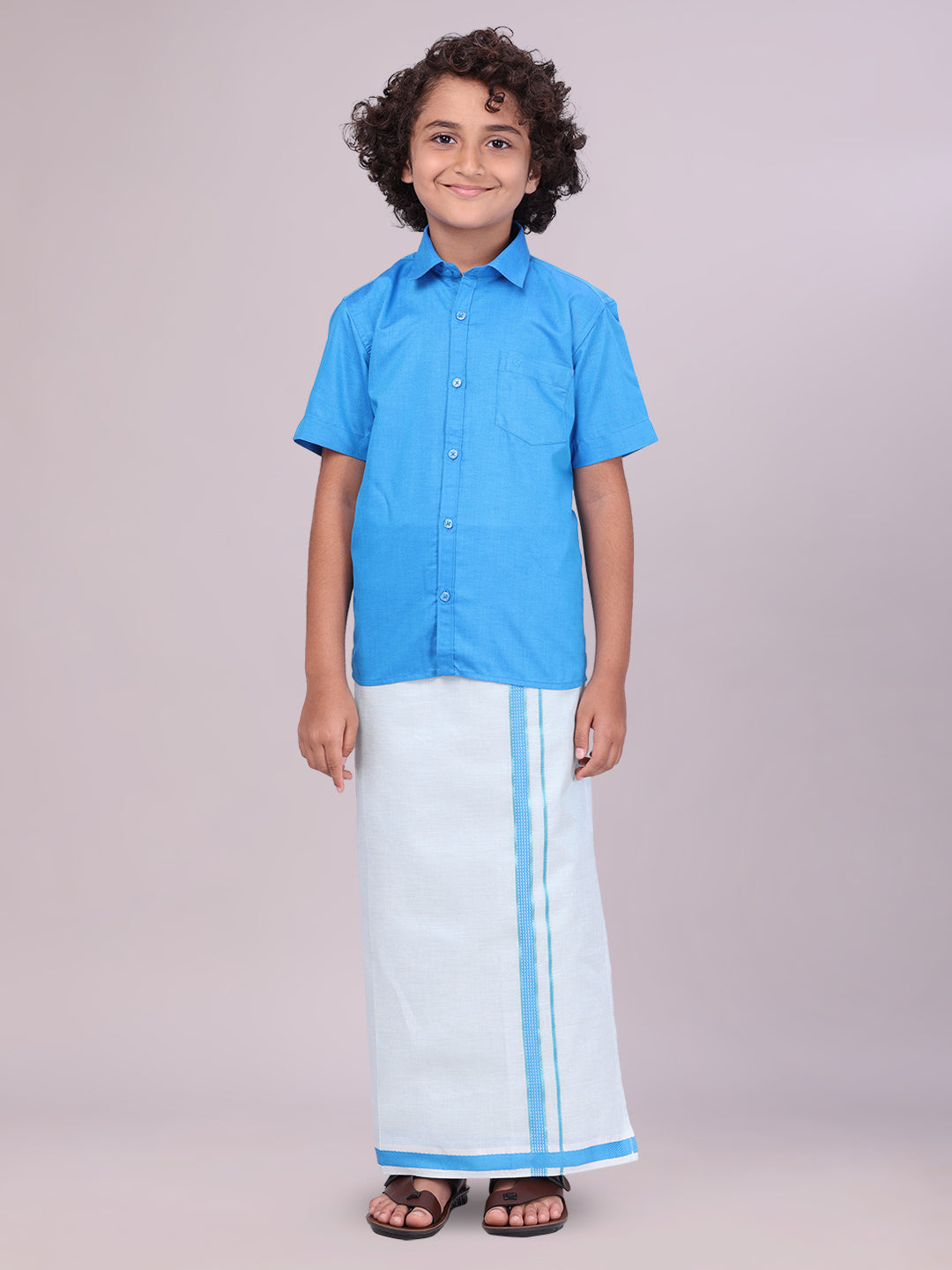 Kids Blue Color Cotton Shirt with Matching Border Tissue Dhoti Combo