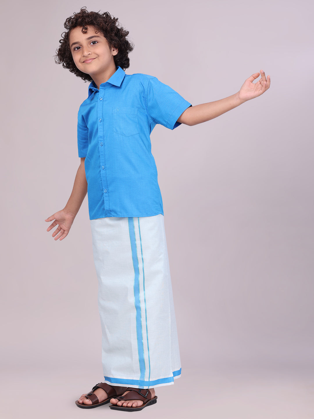 Kids Blue Color Cotton Shirt with Matching Border Tissue Dhoti Combo side pose