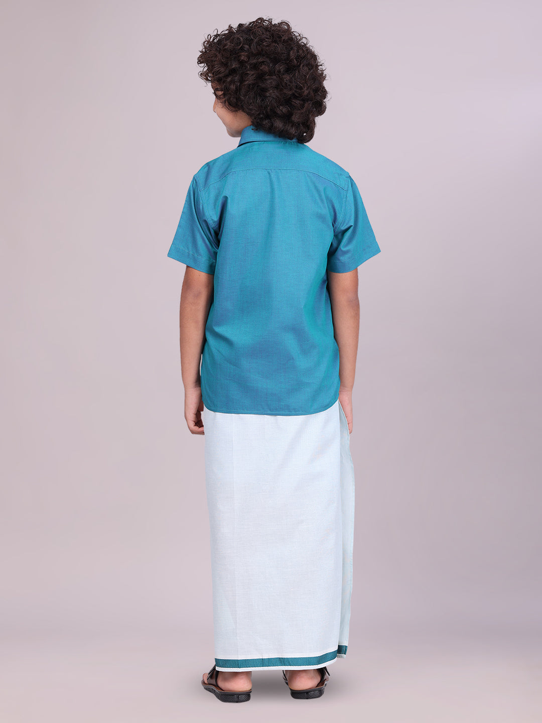 Kids Green Color Cotton Shirt with Matching Border Tissue Dhoti Combo back pose