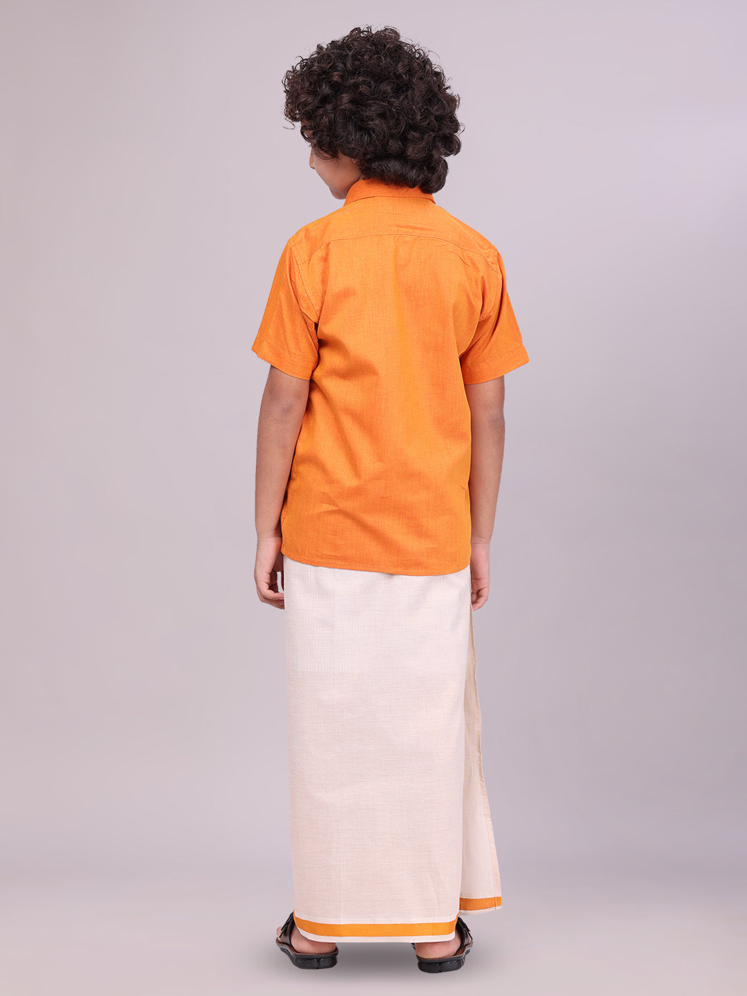 Kids Orange Color Cotton Shirt with Matching Border Tissue Dhoti Combo back pose