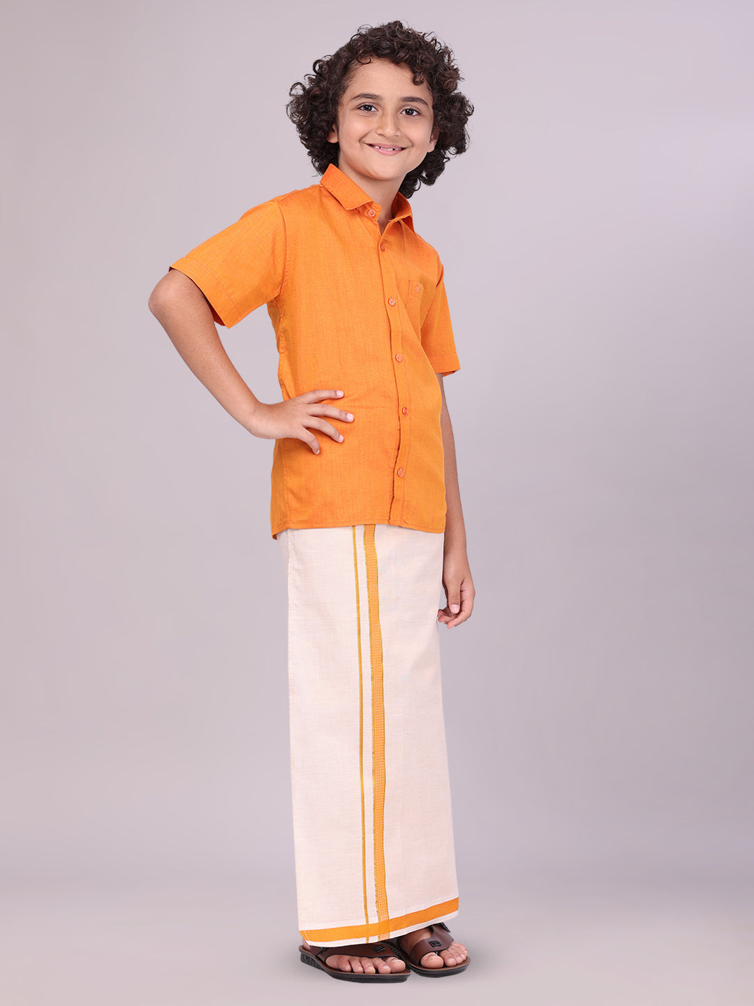 Kids Orange Color Cotton Shirt with Matching Border Tissue Dhoti Combo side pose