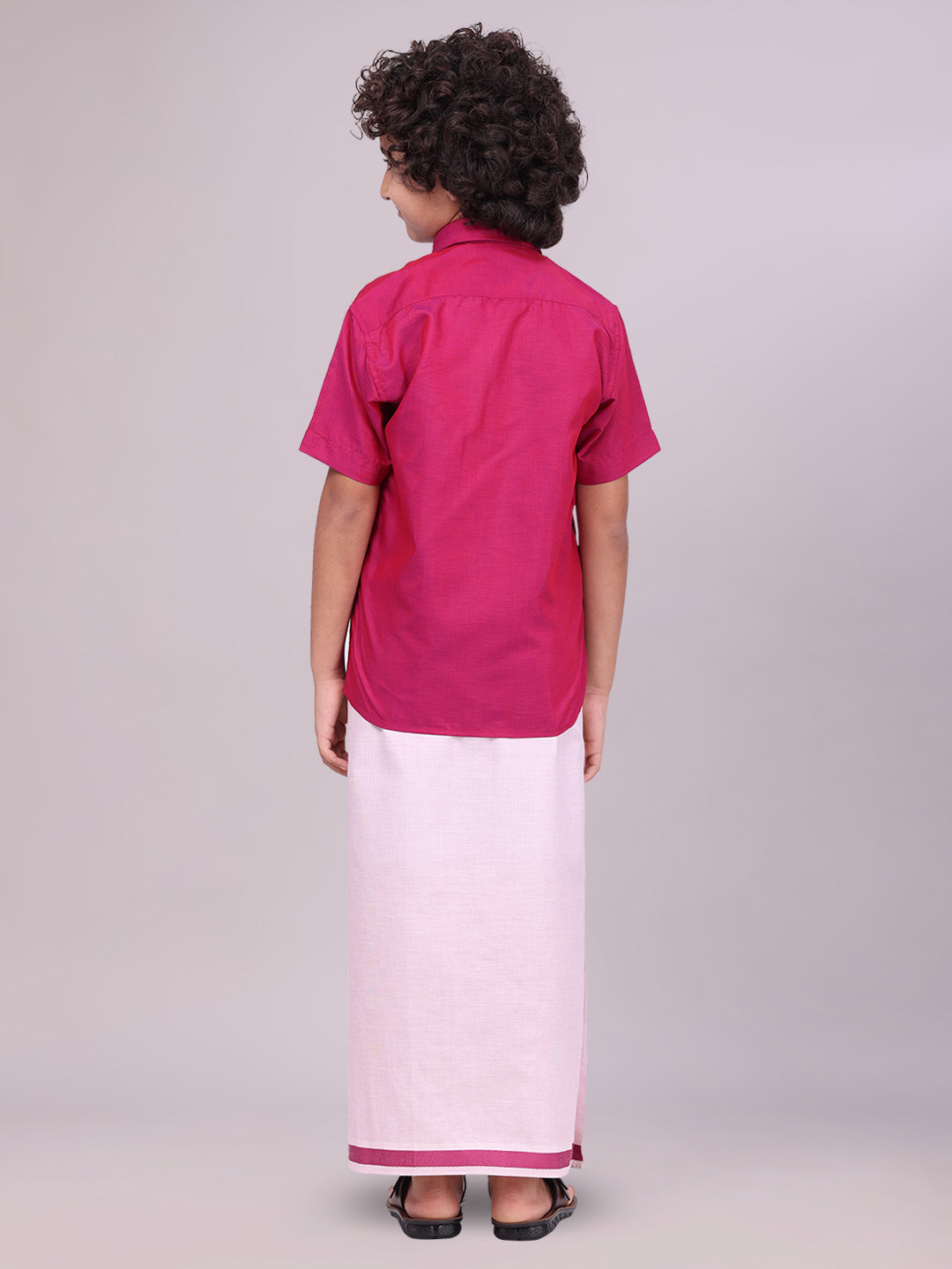 Kids Magenta Color Cotton Shirt with Matching Border Tissue Dhoti Combo back pose