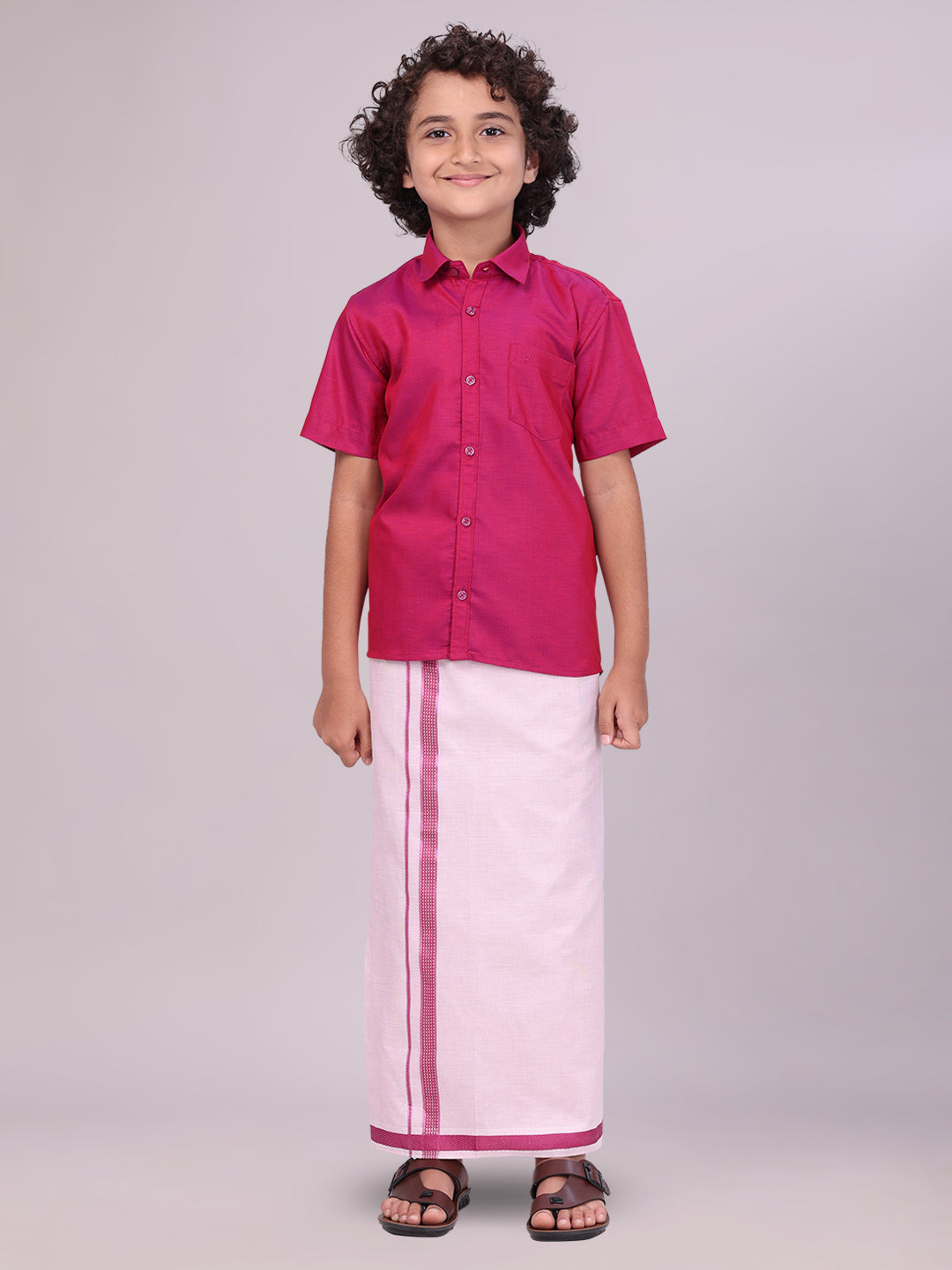 Kids Cotton Magenta Shirt with Tissue Matching Border Dhoti Combo