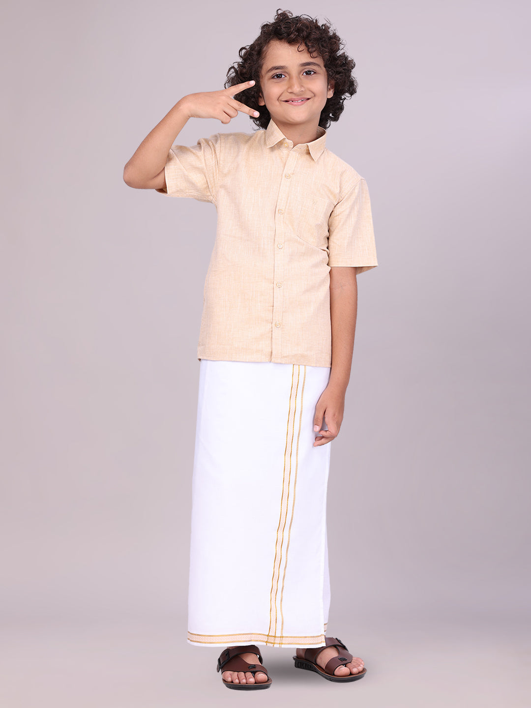 Kids Sandal Color Cotton Shirt with Matching Border Dhoti Combo side pose