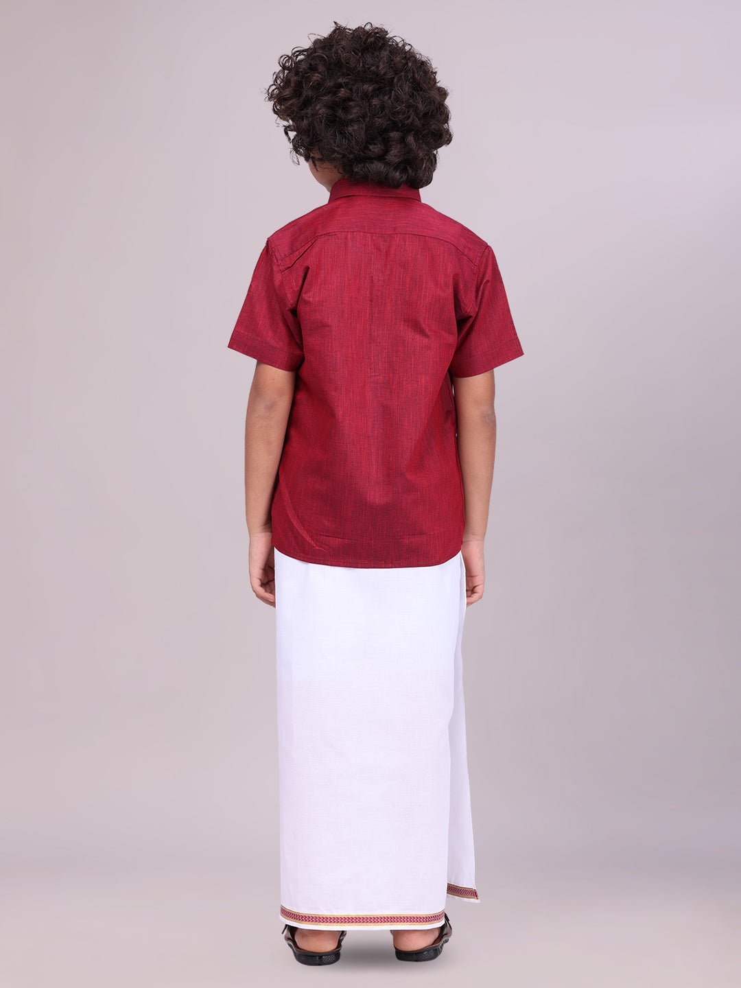 Kids Maroon Color Cotton Shirt with Matching Border Dhoti Combo side pose