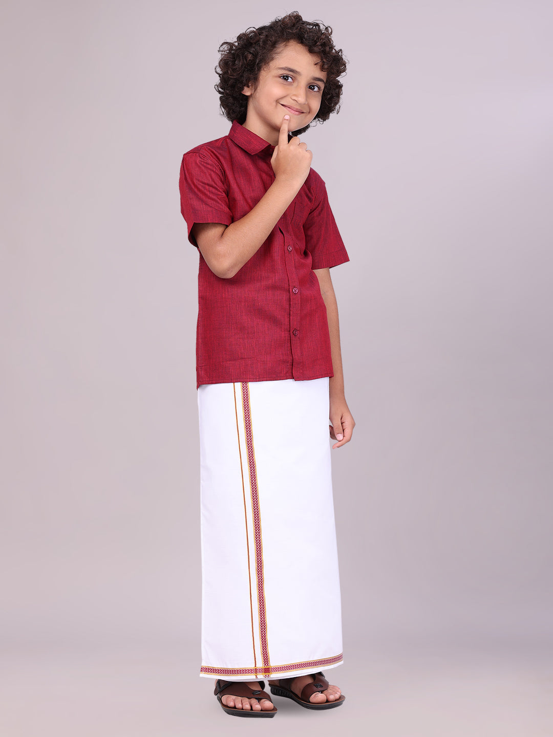 Kids Maroon Color Cotton Shirt with Matching Border Dhoti Combo