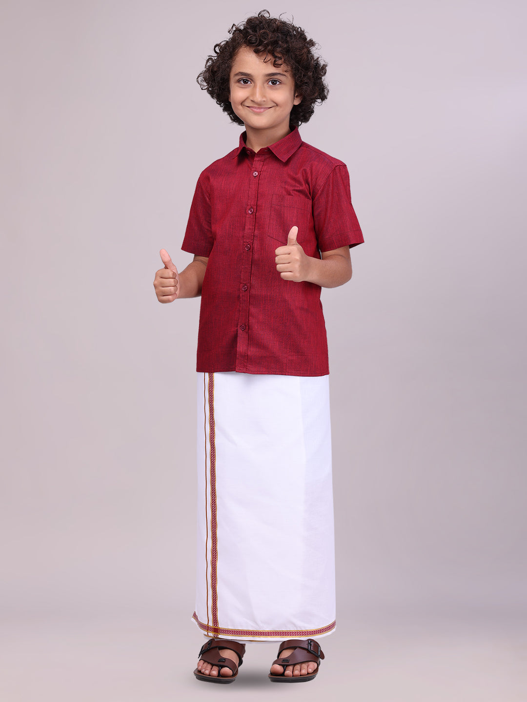Kids Maroon Color Cotton Shirt with Matching Border Dhoti Combo side pose