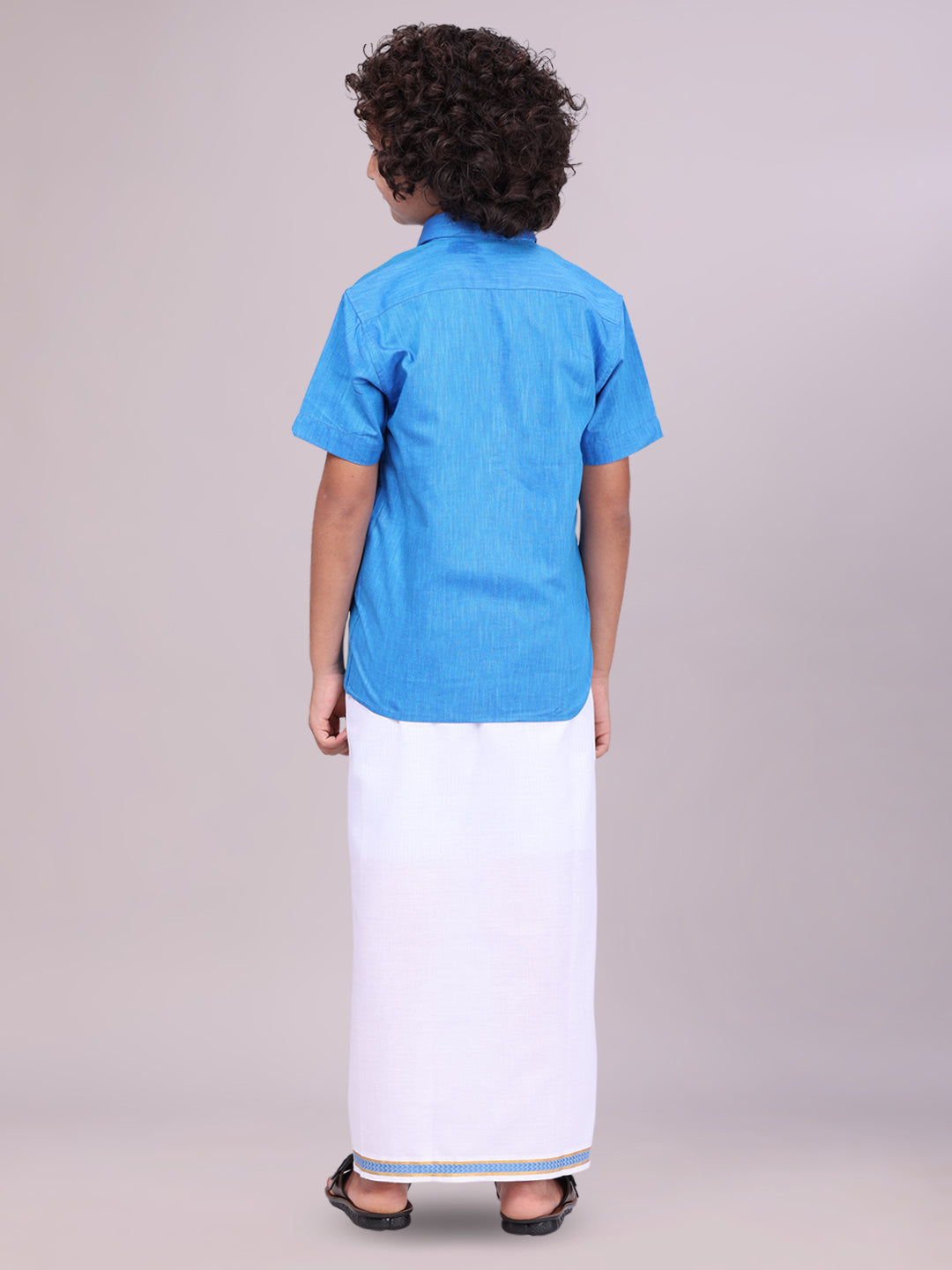 kids Blue Color Cotton Shirt with Matching Border Dhoti Combo back pose