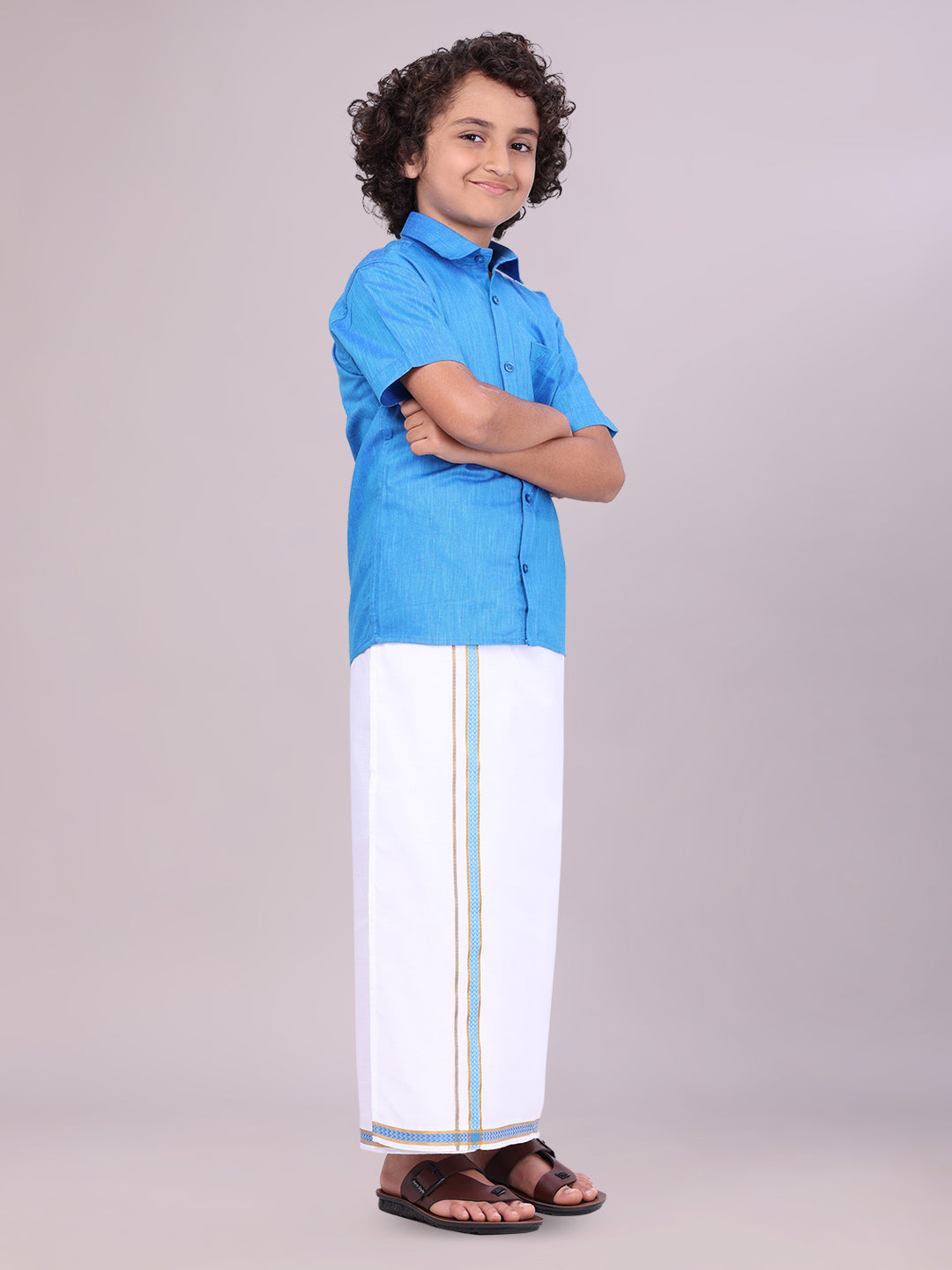 Kids Blue Color Cotton Shirt with Matching Border Dhoti Combo side pose