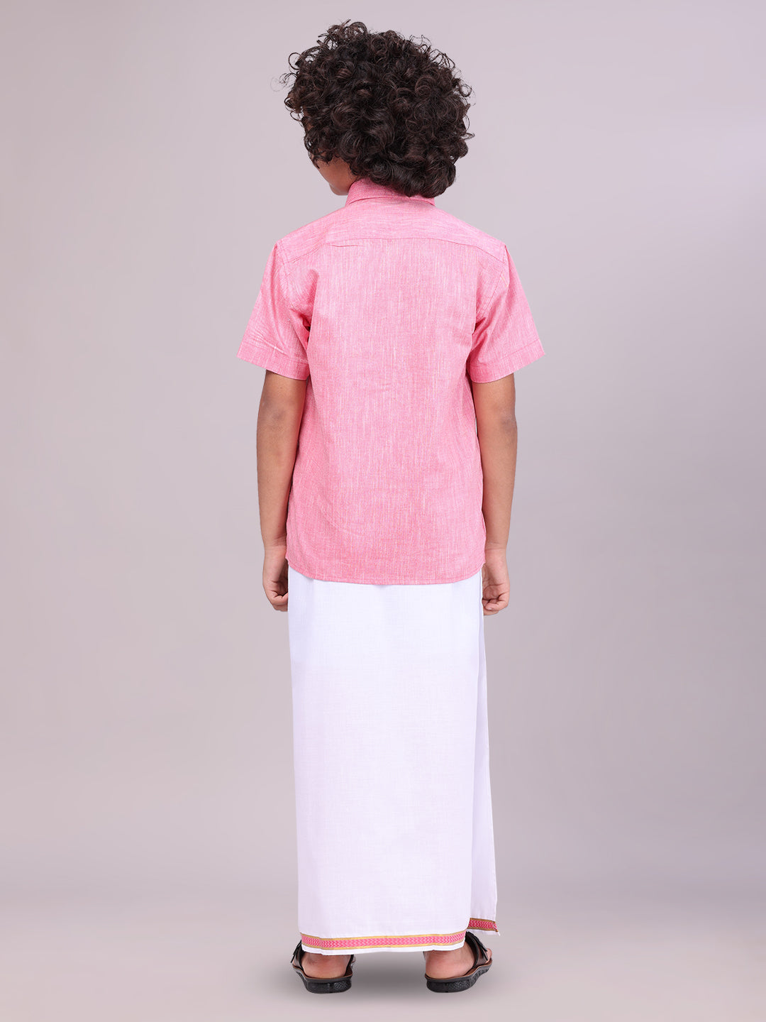 Kids Pink Color Cotton Shirt with Matching Border Dhoti Combo back pose