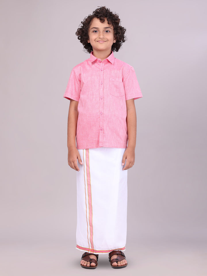 Boys Matching Pink Half Sleeves Shirt with Flexi Dhoti Combo