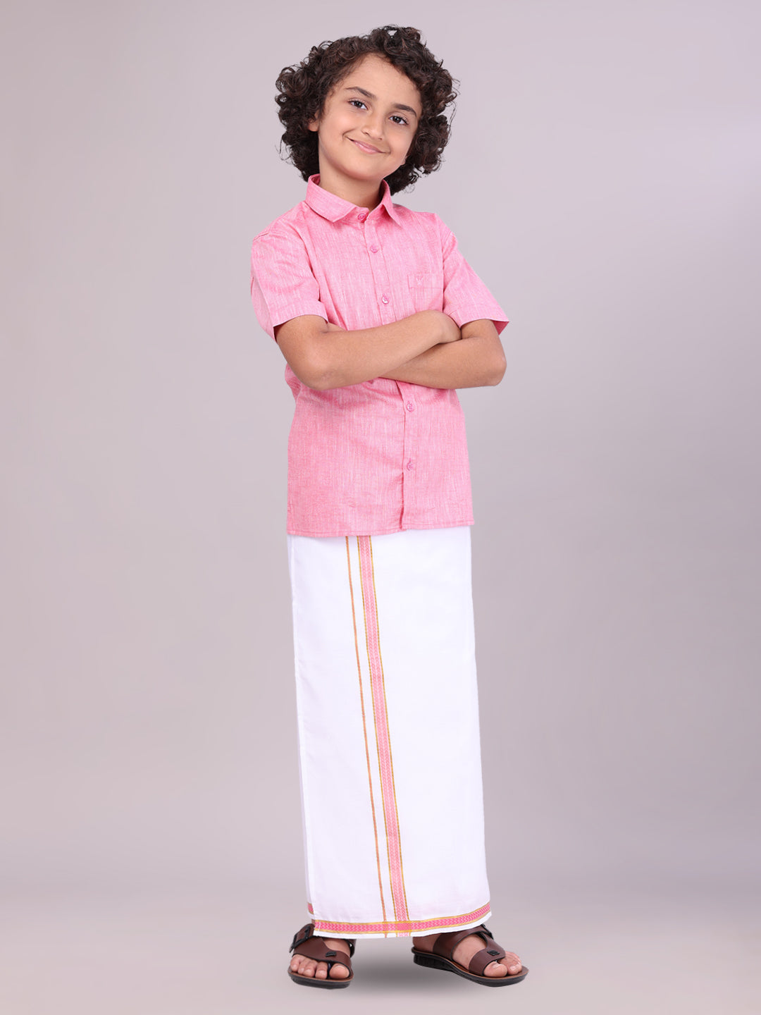 Kids Pink Color Cotton Shirt with Matching Border Dhoti Combo side pose