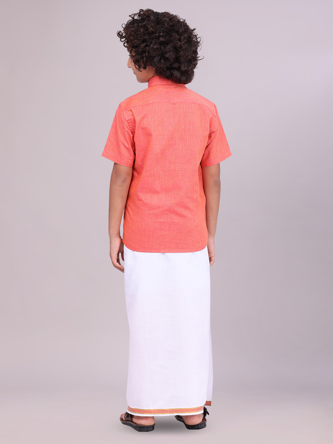 Father & Son Brick Color Cotton Shirt with Matching Border Dhoti Combo