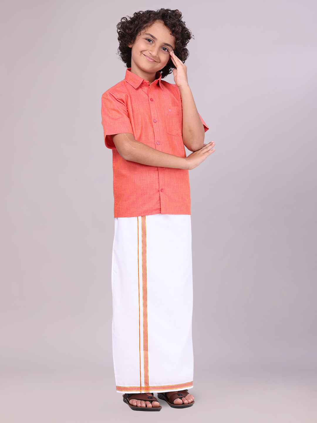 Father & Son Brick Color Cotton Shirt with Matching Border Dhoti Combo