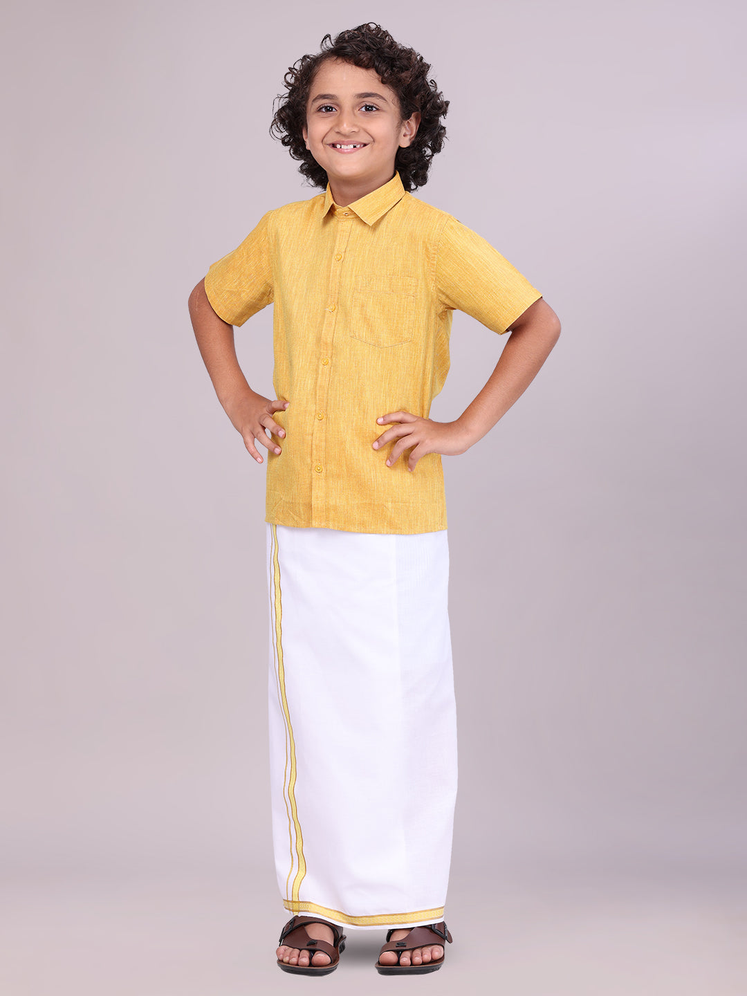 Kids Yellow Color Cotton Shirt with Matching Border Dhoti Combo