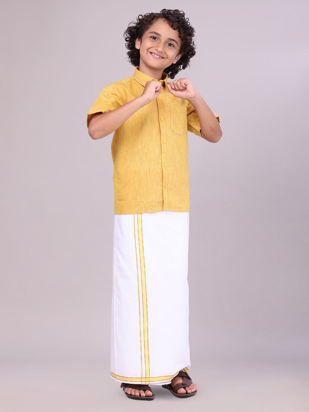 Kids Yellow Color Cotton Shirt with Matching Border Dhoti Combo side pose